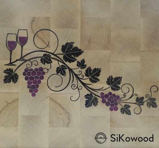 end grain lesena deska z intarzijo vinske trte