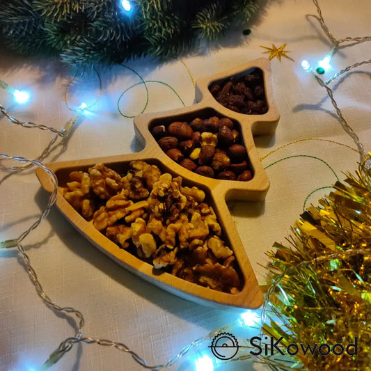 Lesena božična posoda za prigrizke, primerna za serviranje piškotov in oreščkov