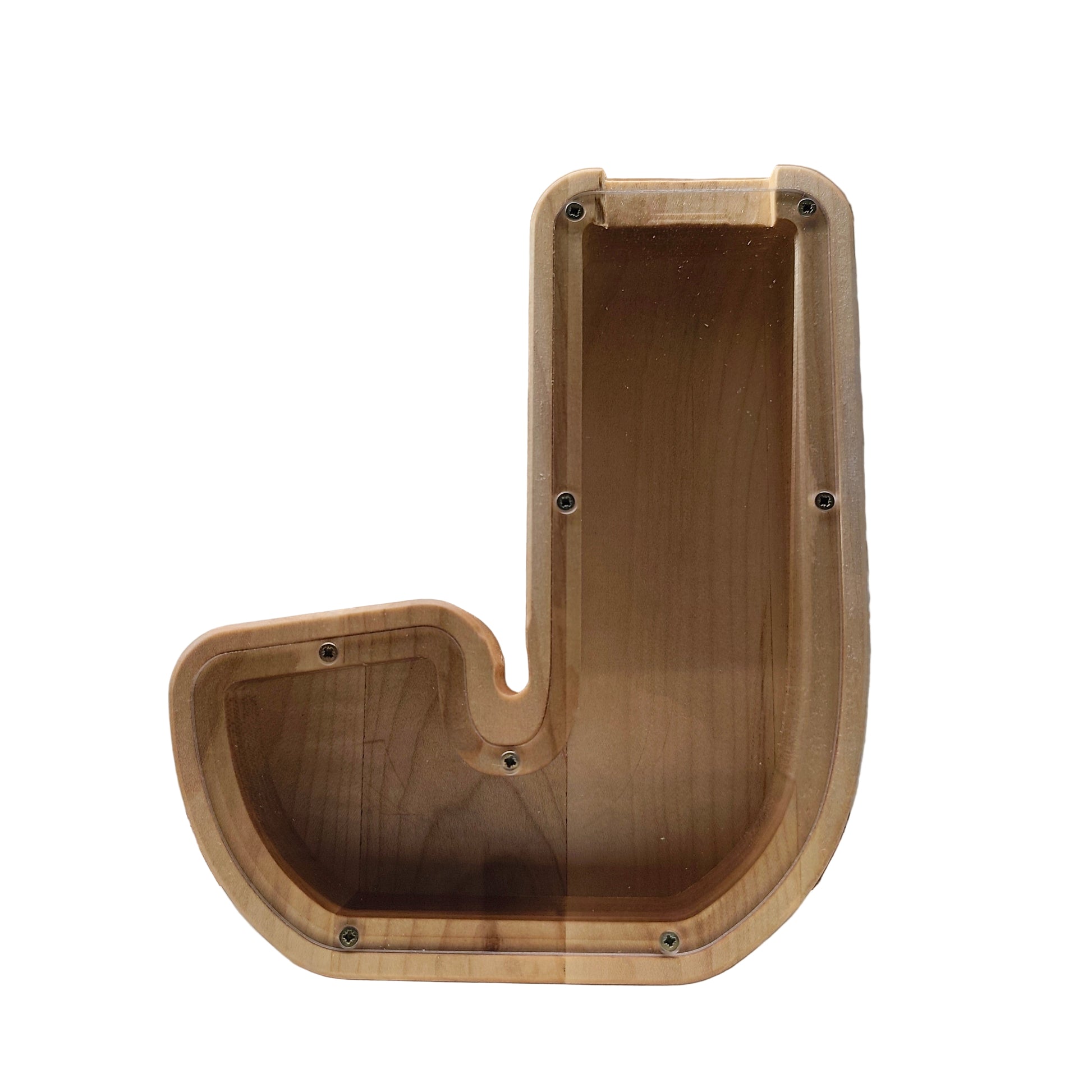 Lesen hranilnik v obliki črke iz slovenskega lesa s prosojnim pleksi steklom