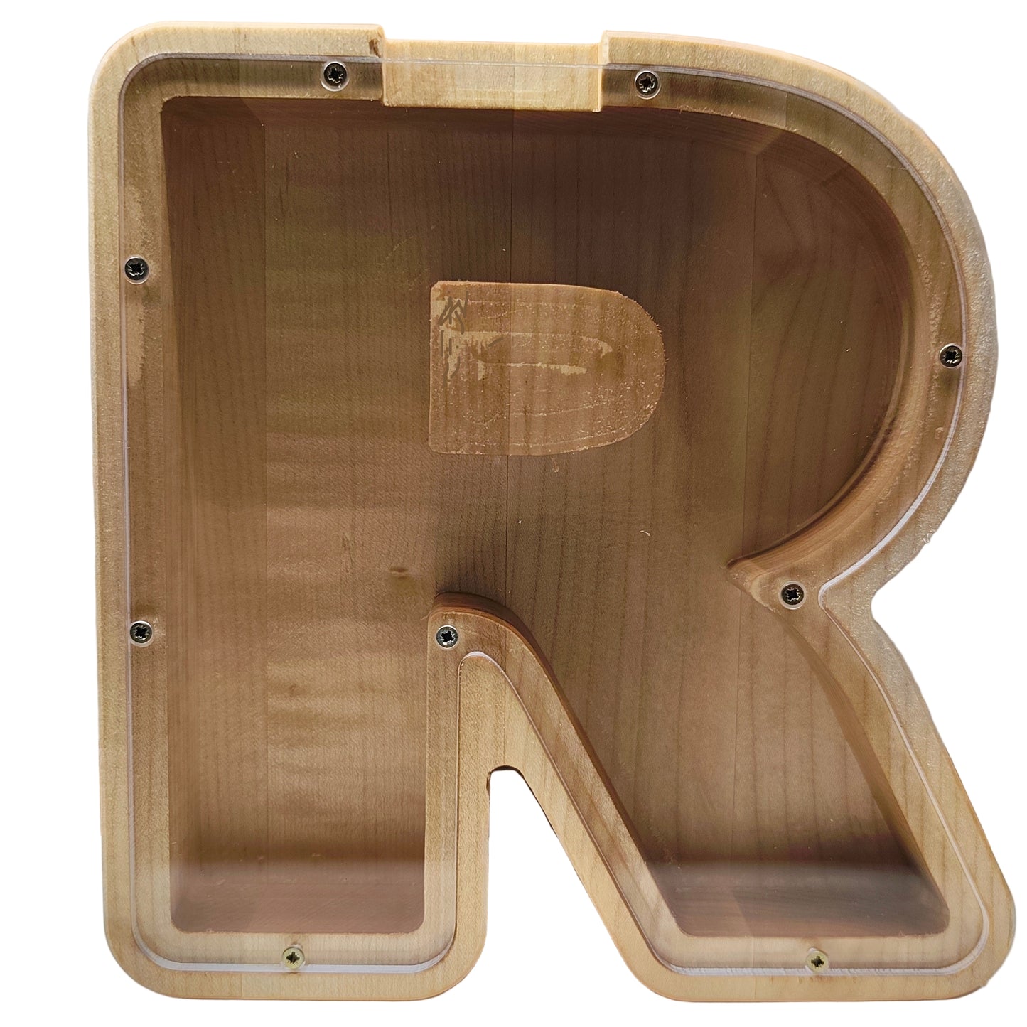 Lesen hranilnik v obliki črke R kot lesena dekoracija in hranilnik