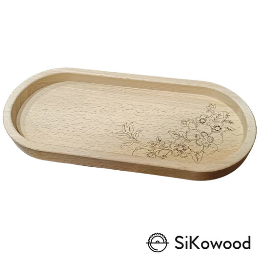 Lesen pladenj za kavo in piškote iz bukovega lesa z vgraviranim motivom rože – Sikowood