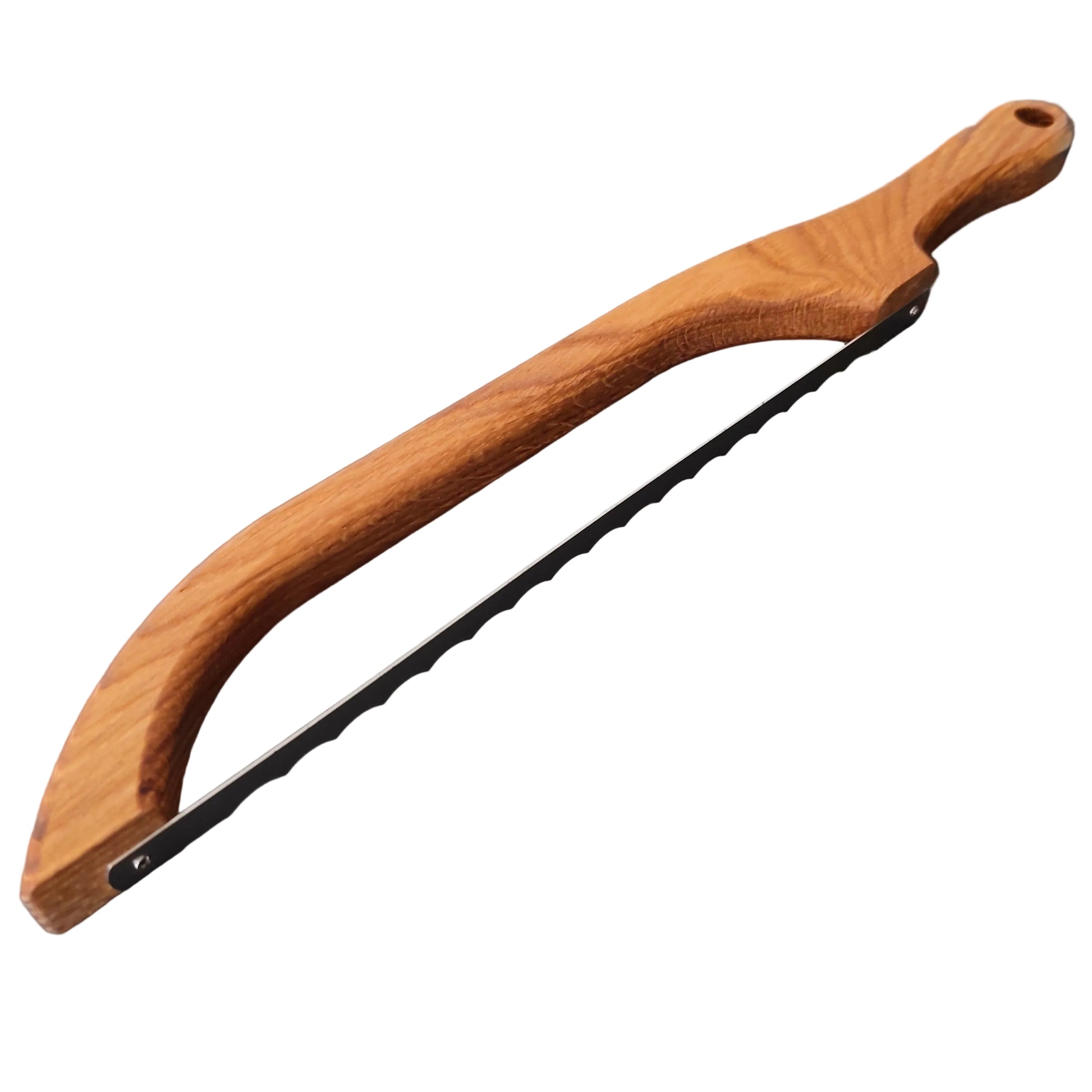 Ročno izdelan hrastov nož za kruh z luknjo za obešanje in ergonomsko obliko